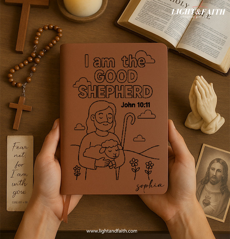 Personalized Christian Journal with John 10:11 "I am The Good Shepherd" Design, Custom Name Prayer & Faith Notebook, Religious Gift, First Communion Gifts, Birthday. NBLAF40